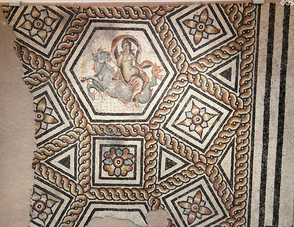 Roman mosaic floor with goddess on seahorse (c1st-2ndC) from Nimes at Musée de la Romanité. Nimes, France.