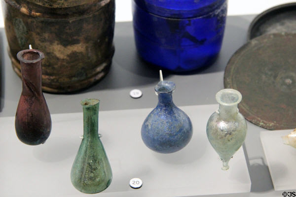 Roman glass ointment bottles (1stC CE) at Musée de la Romanité. Nimes, France.