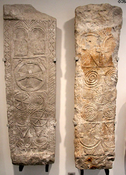 Stone tombstones with crosses (6th-7thC) found in Nimes at Musée de la Romanité. Nimes, France.