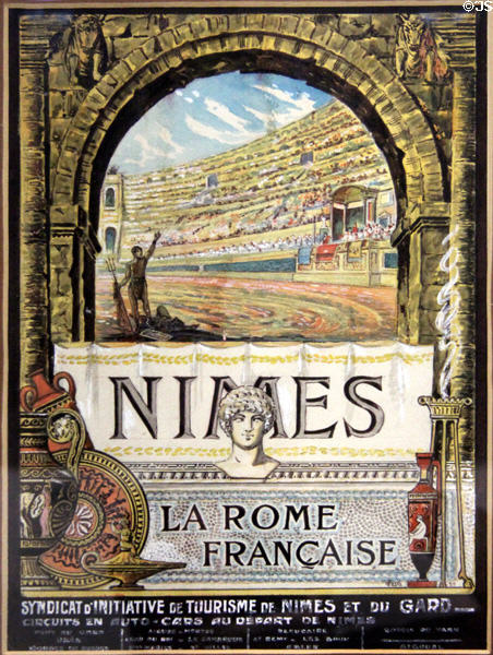 Nimes tourist poster of amphitheater in "La Rome Française" series (1925) by C. Feste at Musée de la Romanité. Nimes, France.