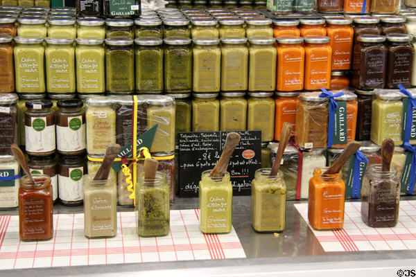 Condiment spreads & tapenades at Nimes market. Nimes, France.