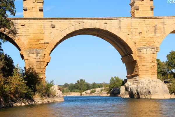 Detail of widest arch over Gard River at Pont du Gard. Nimes, France.
