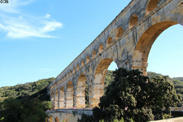 Downriver side with road at Pont du Gard. Nimes, France.