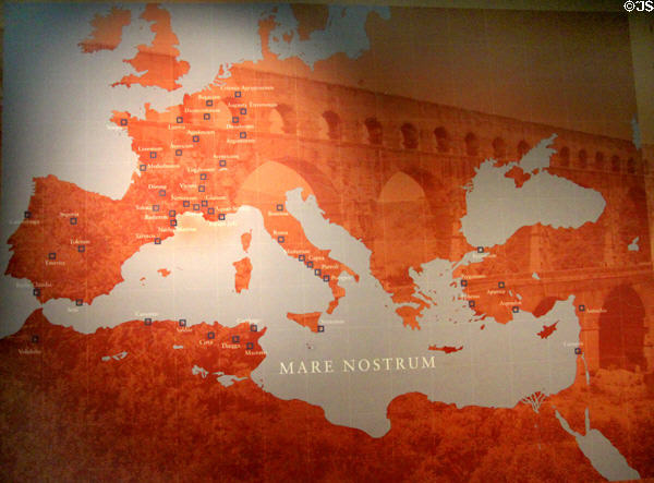 Map of Roman aqueducts around Mediterranean at Pont du Gard museum. Nimes, France.