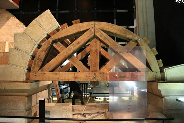 Model of wooden Roman supporting arch used temporarily to support heavy arch construction at Pont du Gard museum. Nimes, France.
