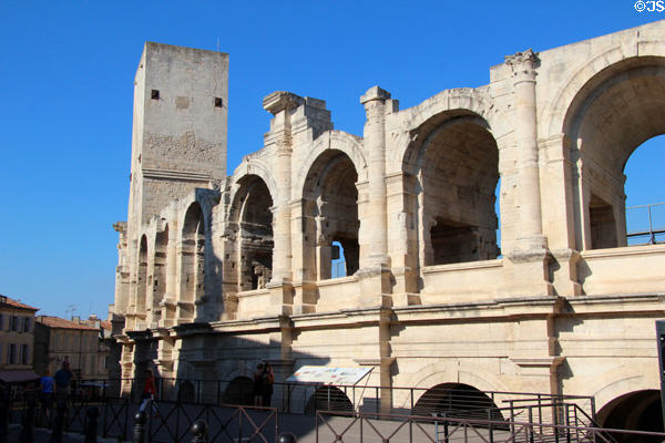 Roman Arles Amphitheatre (90 CE) with tower added (6thC) when structure converted to fortified town. Arles, France.