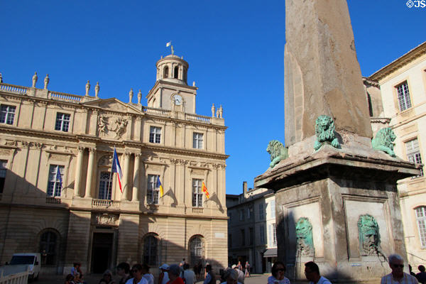 Place de la République with Arles city hall, clock tower & Obelisk. Arles, France.