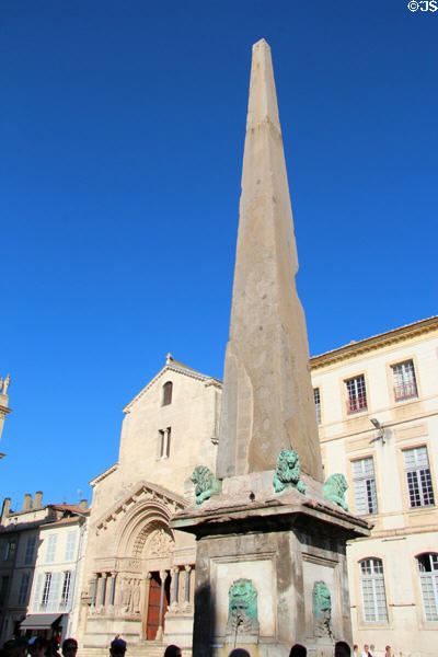 Roman Arles Obelisk (4thC) was moved onto pedestal (1676) in Place de la République. Arles, France.