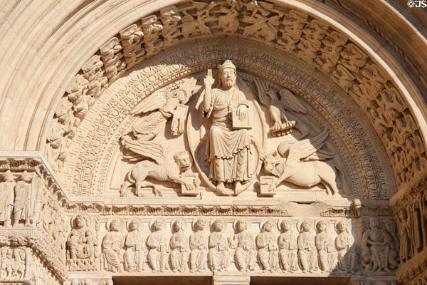 Last Judgment scene with Christ & Evangelists over Apostles all surrounded by arch of angels over portal of St Trophime church. Arles, France.
