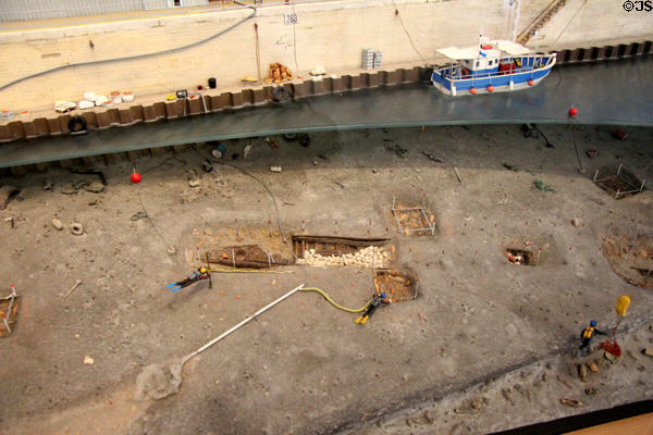 Model of under water site in Rhone from which Roman barge (Arles-Rhone 3) was excavated at Arles Antiquities Museum. Arles, France.