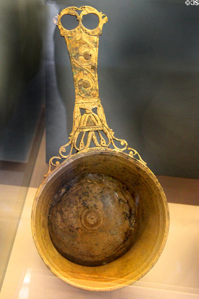 Bronze covered Roman-era iron pan (first half of 1stC) found in Rhone at Arles Antiquities Museum. Arles, France.