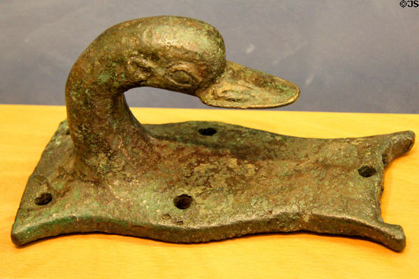 Bronze hook or ship cleat in shape of duck head (end 1stC BCE) found in Rhone at Arles Antiquities Museum. Arles, France.
