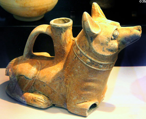 Roman-era ceramic pitcher in form of dog (mid 1stC-2ndC) found in Rhone River at Arles Antiquities Museum. Arles, France.