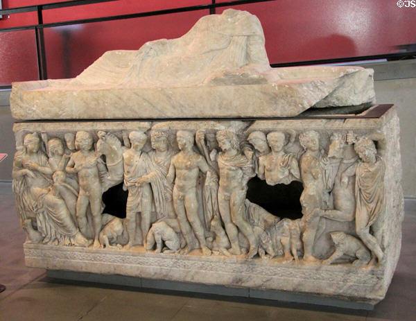 Carved story of Phèdre & Hippolyte on Roman-era marble sarcophagus (mid 3rdC) at Arles Antiquities Museum. Arles, France.