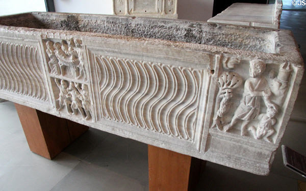 Carved Nativity & other biblical scenes on s-shaped strigil pattern on marble sarcophagus (end 4thC) at Arles Antiquities Museum. Arles, France.