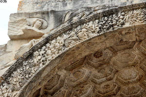 Detail of winged angel & garlands on Arch (c20 BCE) at Glanum Roman Ruins. Saint-Rémy-de-Provence, France.
