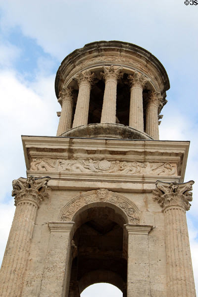 Mausoleum (30-20 BCE) upper temple to honor parents & four arches honoring triumph in battle or death at Glanum Roman Ruins. Saint-Rémy-de-Provence, France.
