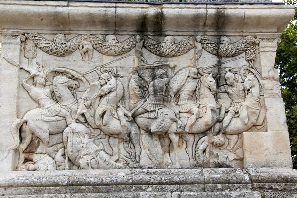 Cavalry battle relief (30-20 BCE) on north base of Roman Mausoleum at Glanum Ruins. Saint-Rémy-de-Provence, France.