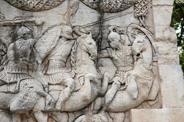 Details of Cavalry battle relief (30-20 BCE) on north base of Roman Mausoleum at Glanum Ruins. Saint-Rémy-de-Provence, France.