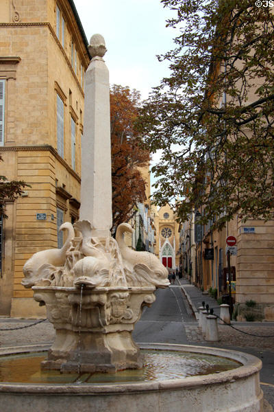 Fountain of four dolphins (1667) by Jean-Claude Rambot on Place des Quatre Dauphins. Aix-en-Provence, France.