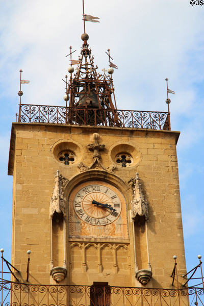 Upper details of clock tower of Aix-en-Provence city hall. Aix-en-Provence, France.