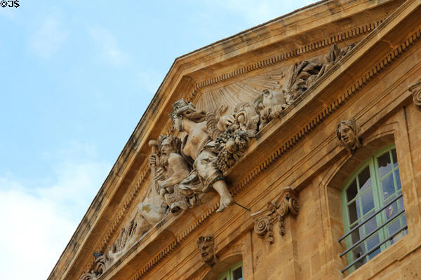 Pediment details of Post Office building on city hall square. Aix-en-Provence, France.