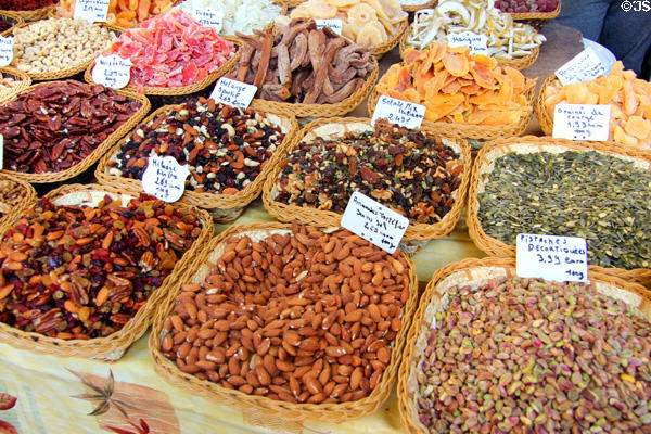 Dried fruits & nuts at vegetable market. Aix-en-Provence, France.