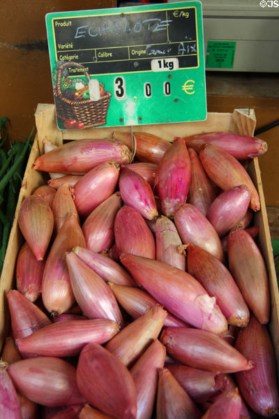 French shallots at vegetable market. Aix-en-Provence, France.