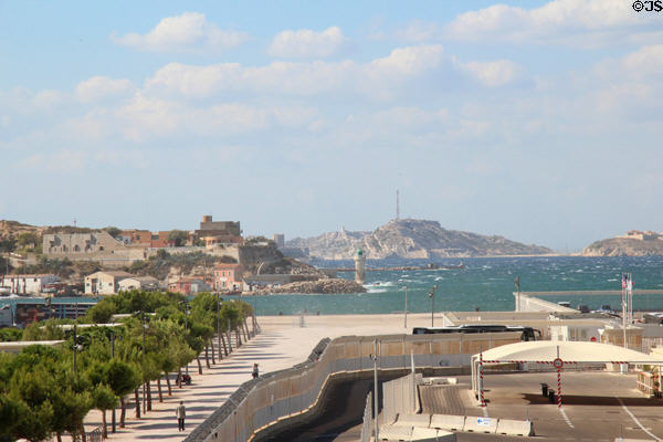 Mouth of Marseille harbor with former prison of Château d'If beyond. Marseille, France.