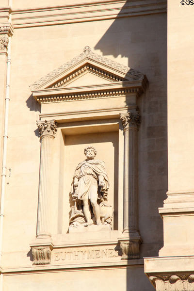 Euthymenes of Massalia, a Greek Phocaeans navigator who in 6thC BCE explored coast of West Africa sculpted on facade of Palais de la Bourse. Marseille, France.