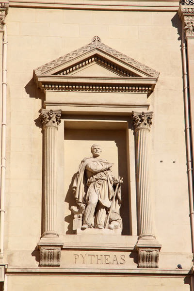 Explorer & navigator Pytheas (a Greek from Massalia (now Marseille) who in 4thC BCE circumnavigated Britain & visited the Arctic) sculpted on facade of Palais de la Bourse. Marseille, France.