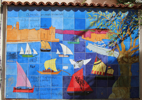Painted tiles record Marseille's historic connection to the sea in Old Town quarter. Marseille, France.