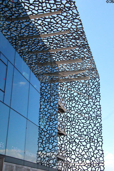 Grillwork overhang of facade of MuCEM museum. Marseille, France.