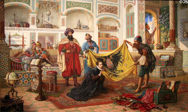 Ogier de Busbecq, writer & diplomat, buying a captured Spanish flag from pirates in Constantinople painting (1904) by Jean-Baptiste Huysmans at Museum of European and Mediterranean Civilisations. Marseille, France.
