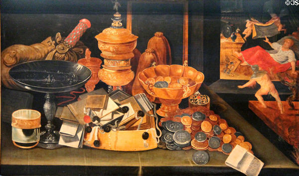 Treasures of a miser still life painting (17thC) from Flanders at Museum of European and Mediterranean Civilisations. Marseille, France.