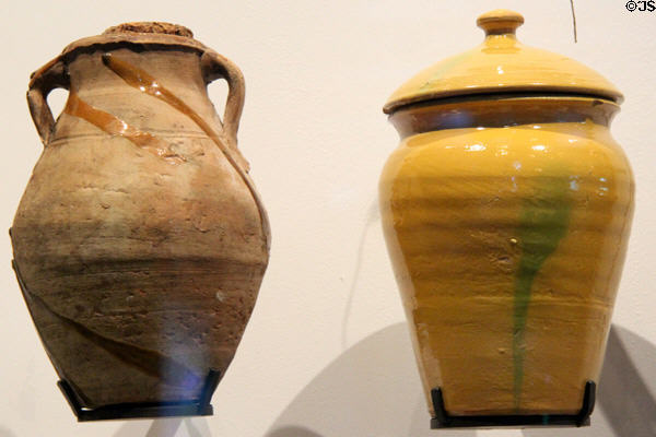 Ceramic oil jar (c2000) from Morocco & olive pot (c1970) from Spain at Museum of European and Mediterranean Civilisations. Marseille, France.