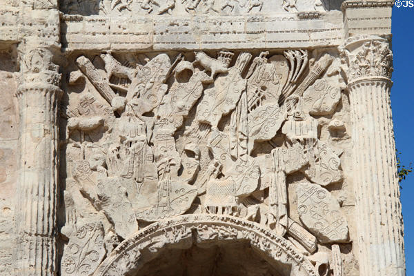 Shields etched with Roman symbols on triumphal arch of Orange. Orange, France.