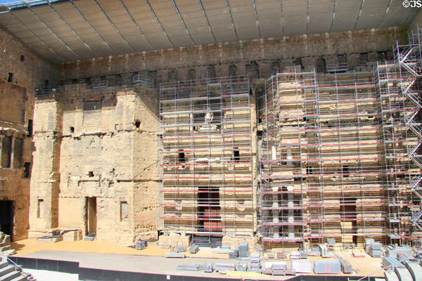 Roman Theatre of Orange stage wall under scaffolding in 2018. Orange, France.