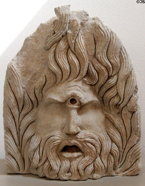 Carved stone mask of Cyclops (1stC CE) from necropolis Fourchevieilles at Orange museum of art & history. Orange, France.