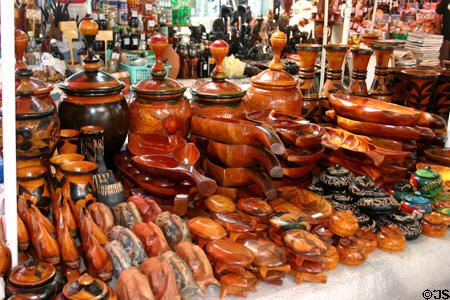 Carved wooden items in St Antoine Central Market. Pointe-à-Pitre, Guadeloupe.