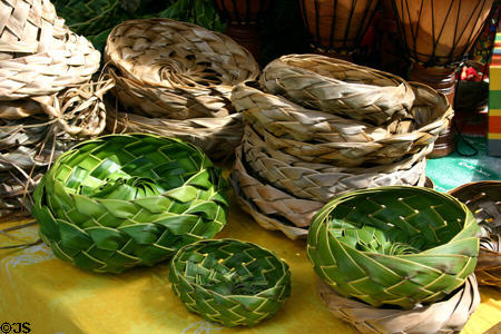 Woven palm frond baskets in St Antoine Central Market. Pointe-à-Pitre, Guadeloupe.