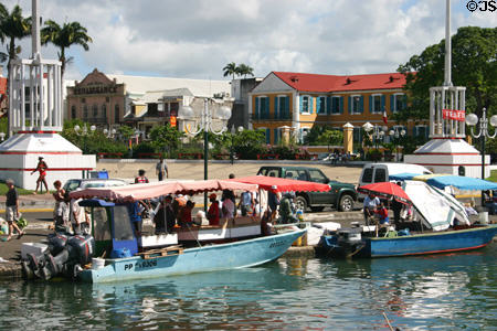 Fishing boats docked at base of Place de la Victoire. Pointe-à-Pitre, Guadeloupe.
