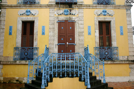 Blue iron railings of Musée Schoelcher. Pointe-à-Pitre, Guadeloupe.