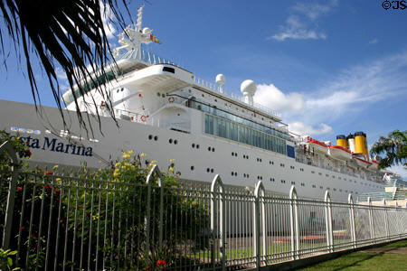 Cruise ship Costa Marina docked steps from downtown markets. Pointe-à-Pitre, Guadeloupe.
