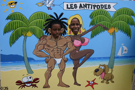 Muscle beach photo backdrop at Sainte-Anne Centre Artisanale. Sainte-Anne, Guadeloupe.