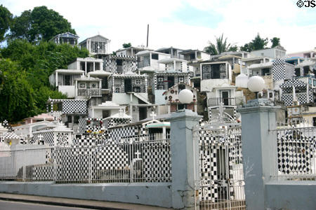 Unique black & white tombs in cemetery. Morne à l'Eau, Guadeloupe.
