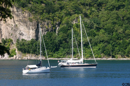 Yachts moored in bay of Deshaies. Deshaies, Guadeloupe.