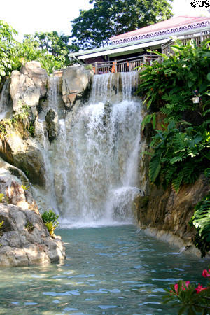 Pavilion & waterfall at Jardin Botanique Deshaies. Deshaies, Guadeloupe.