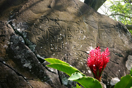 Pre-Columbian petroglyphs at Parc Archeologique. Trois Rivières, Guadeloupe.
