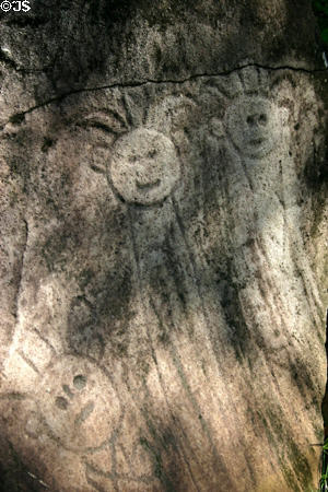 Undated pre-Columbian petroglyphs on site used by Carib natives since 300-400 AD at Parc Archeologique. Trois Rivières, Guadeloupe.
